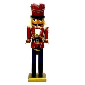Festive Holiday Drummer Soldier 14" Wooden Red Blue Gold Nutcracker with Drum